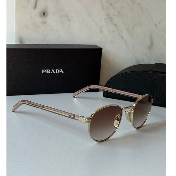 NEW Prada PR B52S Gold Brown Round Metal Sunglasses - Picture 1 of 7
